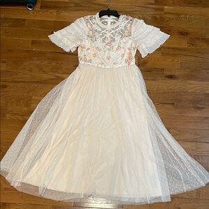 Needle & Thread Creamy Pink Tulle Midi Dress with Pastel Floral Embroidery